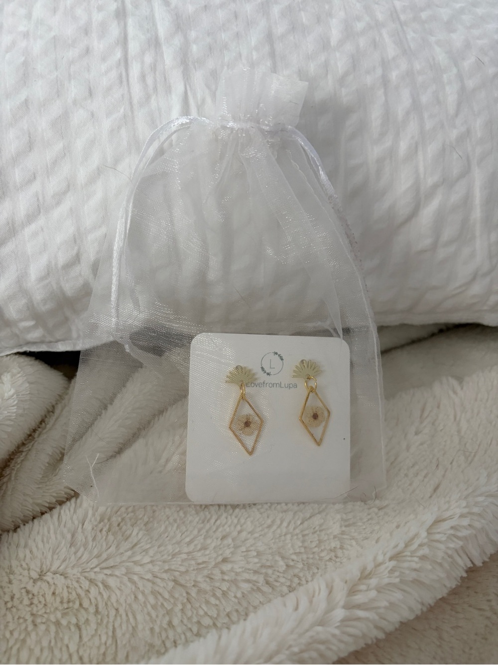 Gold Geometric Drop Earrings with White Floral Accent